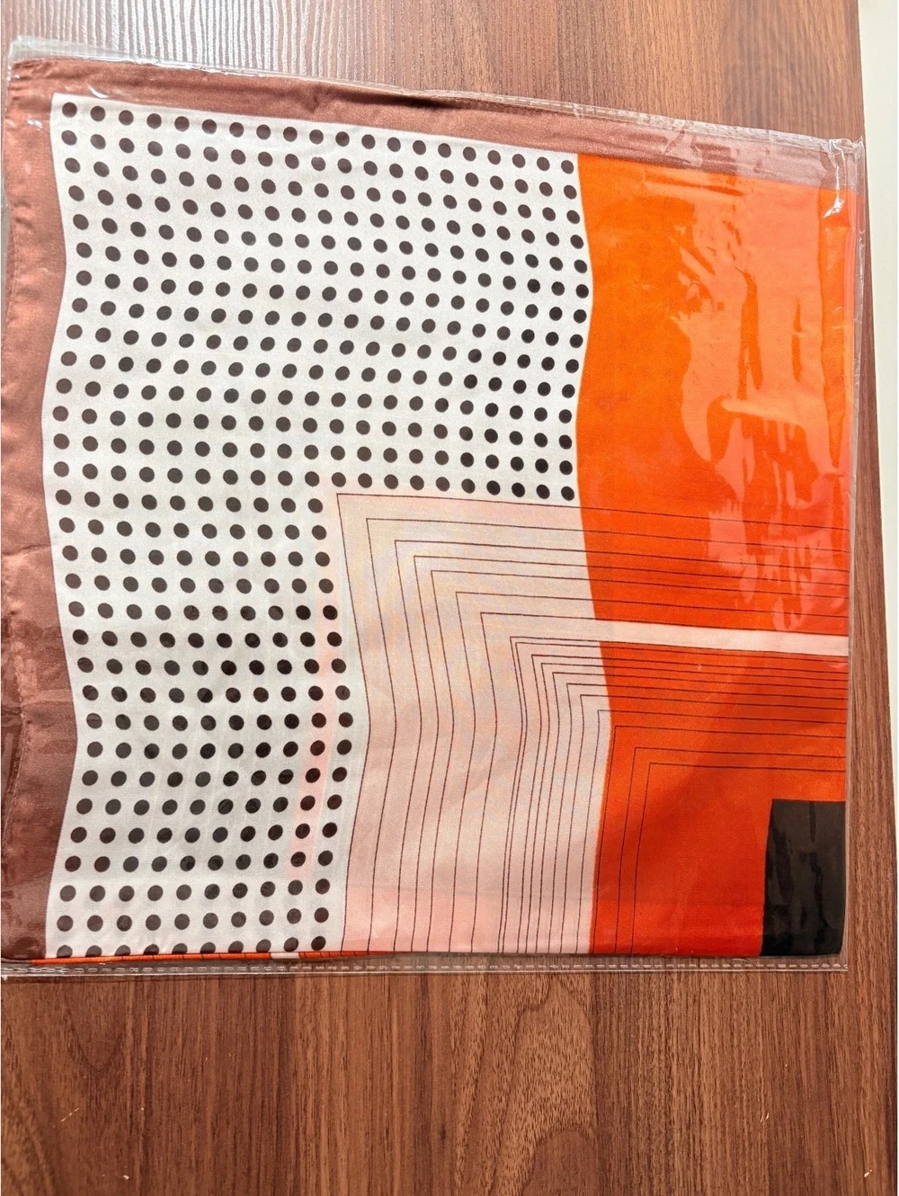 Vintage Geometric Pattern Scarf in Orange, Brown, and Black Polka Dots